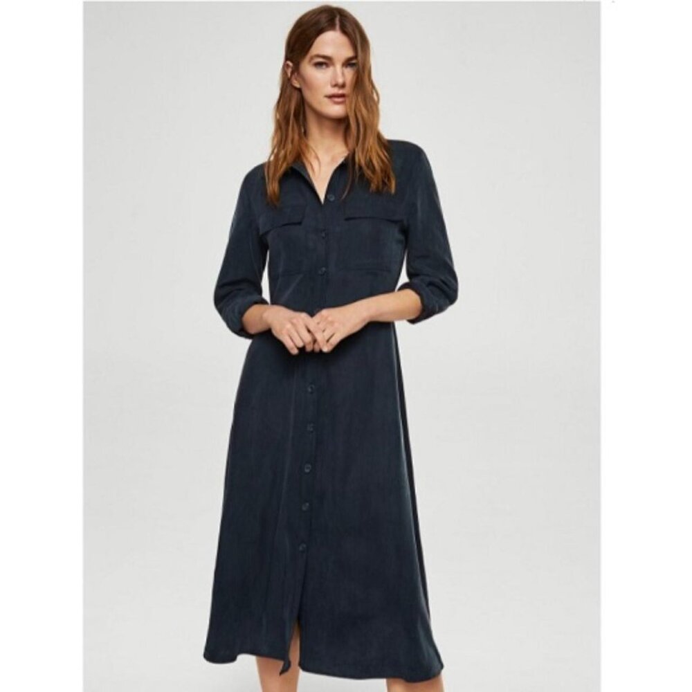 MANGO Navy Solid Shirt Dress size M